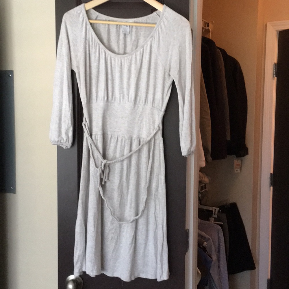 Gray midi dress falls below knee